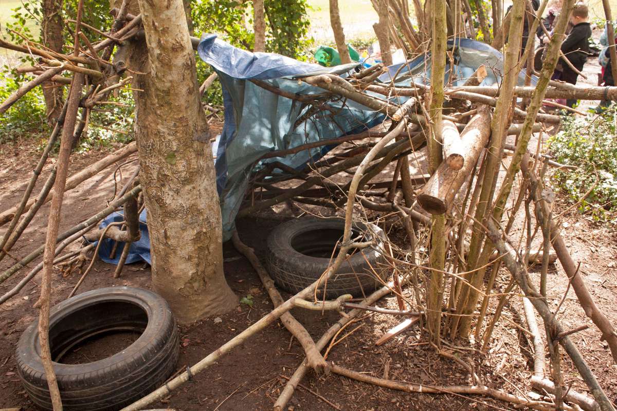 A den made by students in the woods