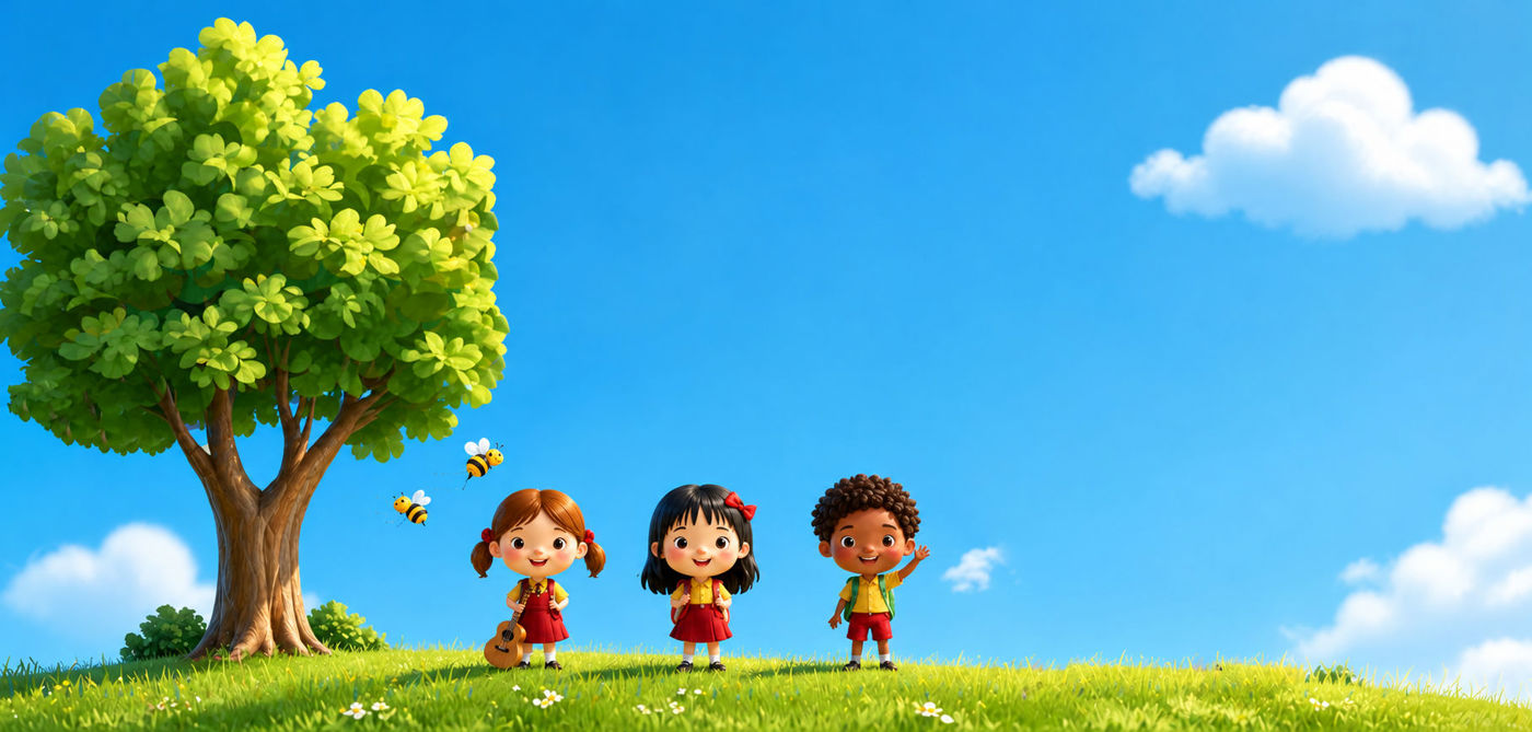 Visual with kids on the field and a tree